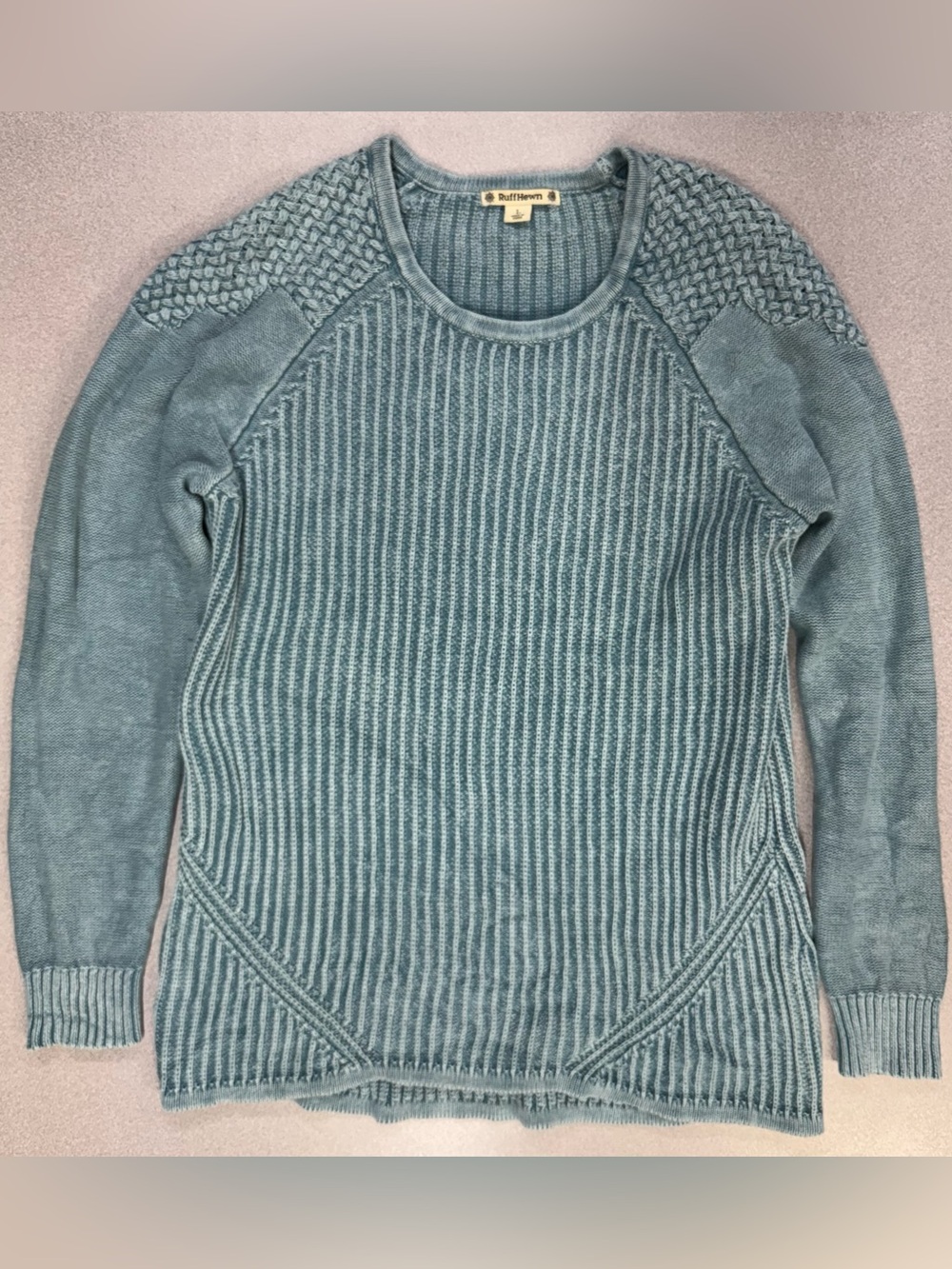 Ruff Hewn Seafoam Blue Ribbed Raglan Crew Knit Sweater